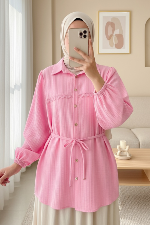 Stoned Buttoned Waist Tied Lace Detailed Shirt -Pink