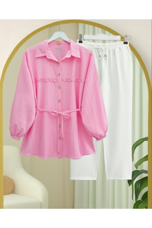 Stoned Buttoned Waist Tied Lace Detailed Shirt -Pink