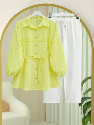 Taşlı Düğmeli Beli Bağlamalı Dantel Detaylı Gömlek -Sarı