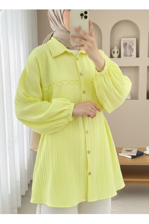 Stoned Buttoned Waist Tied Lace Detailed Shirt -Yellow