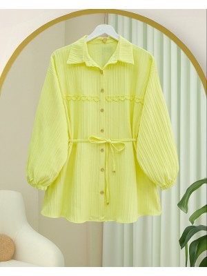 Stoned Buttoned Waist Tied Lace Detailed Shirt -Yellow