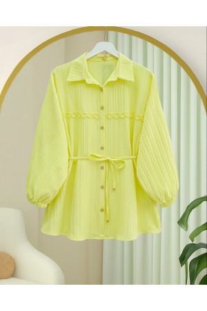 Stoned Buttoned Waist Tied Lace Detailed Shirt -Yellow