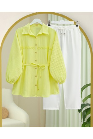Stoned Buttoned Waist Tied Lace Detailed Shirt -Yellow