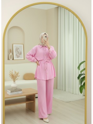 Beli Bağlamalı Bolero Detaylı Taşlı Düğmeli Gömlek -Pembe