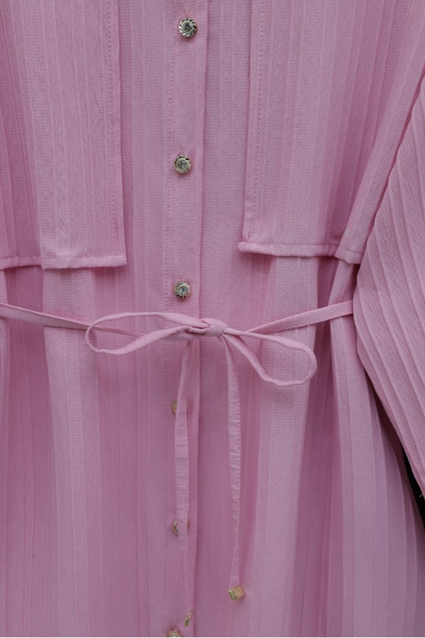 Beli Bağlamalı Bolero Detaylı Taşlı Düğmeli Gömlek -Pembe