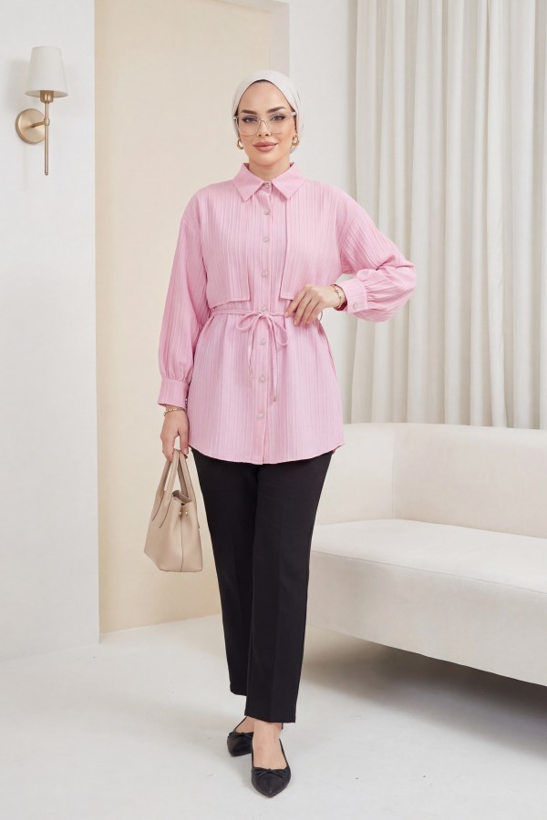 Beli Bağlamalı Bolero Detaylı Taşlı Düğmeli Gömlek -Pembe
