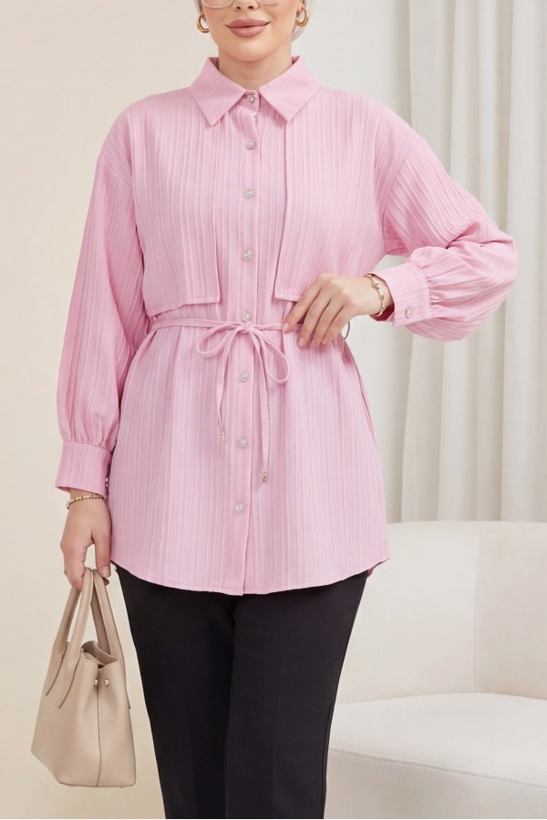 Beli Bağlamalı Bolero Detaylı Taşlı Düğmeli Gömlek -Pembe