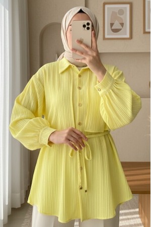 Tied Waist Bolero Detailed Stoned Button-Up Shirt -Yellow