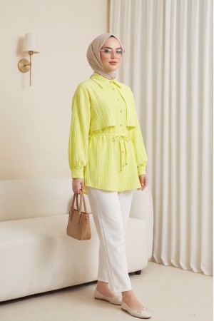 Tied Waist Bolero Detailed Stoned Button-Up Shirt -Yellow