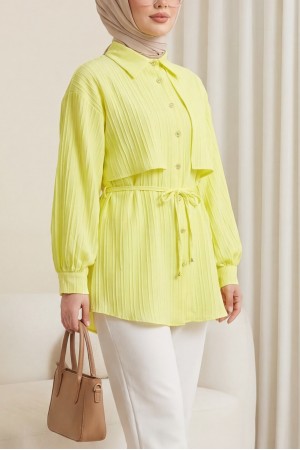 Beli Bağlamalı Bolero Detaylı Taşlı Düğmeli Gömlek -Sarı