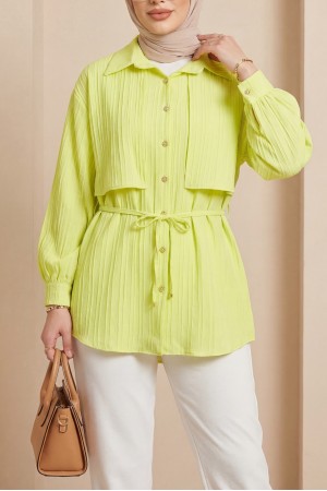 Tied Waist Bolero Detailed Stoned Button-Up Shirt -Yellow