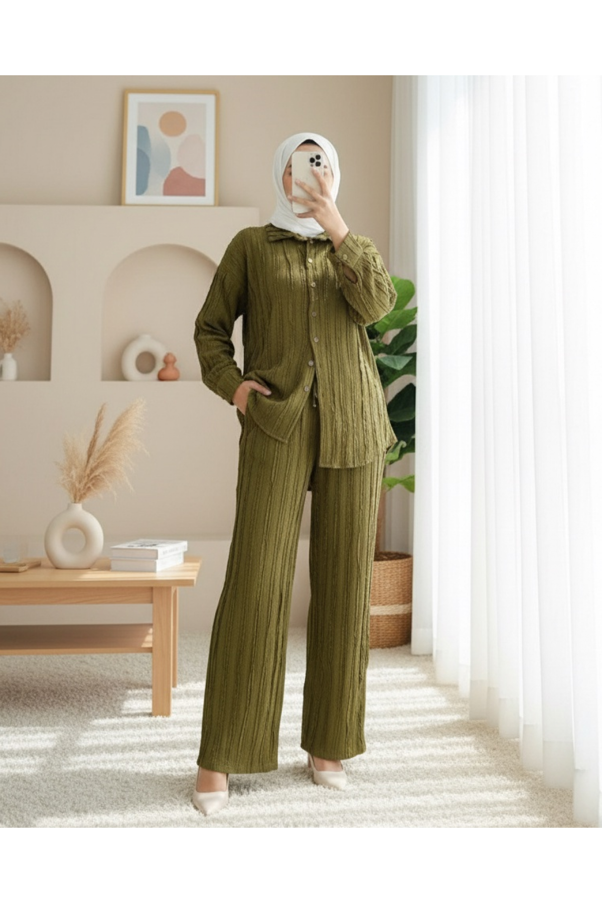 Textured  Buttoned Vertical Striped Trouser Shirt Set  -Oil Green