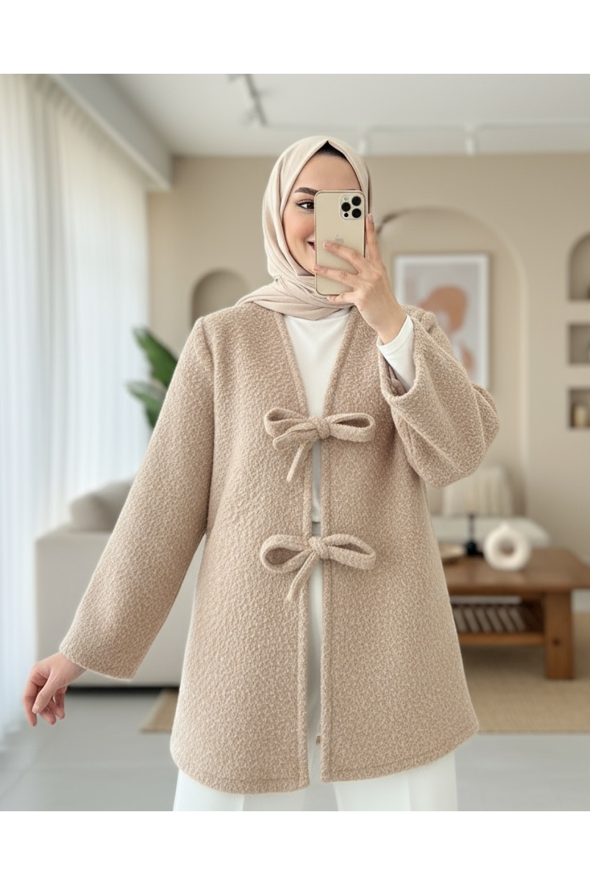 Önü Bağlamalı Sakallı Kimono -Bej
