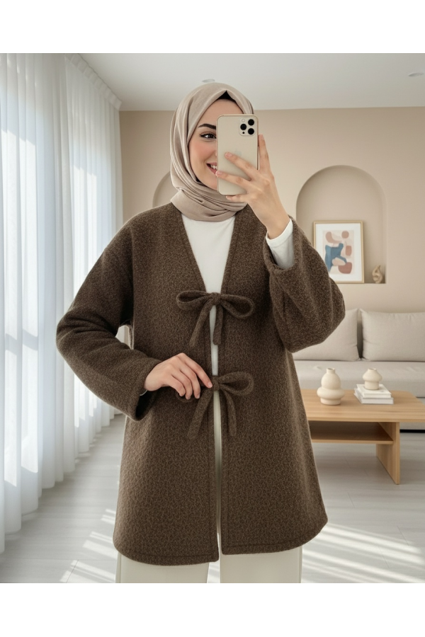 Önü Bağlamalı Sakallı Kimono -Kahve
