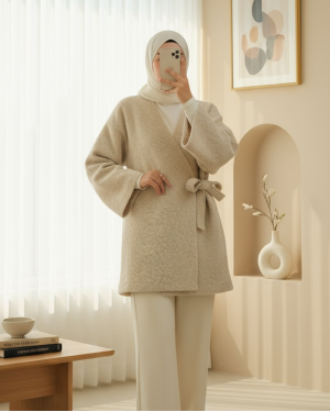 Yandan Bağlamalı Sakallı Kimono  -Bej