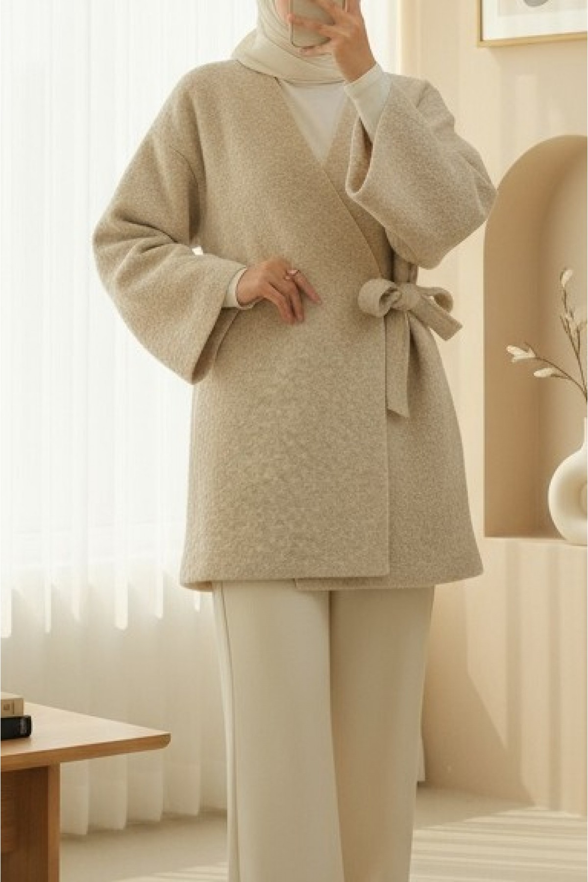 Side  Tie Bearded Kimono - Beige
