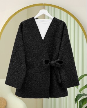 Side  Tie Bearded Kimono -Black