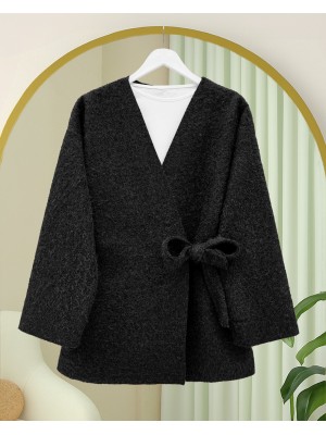 Yandan Bağlamalı Sakallı Kimono  -Siyah