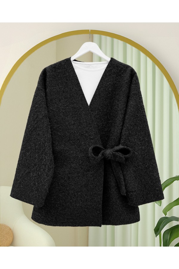 Yandan Bağlamalı Sakallı Kimono  -Siyah
