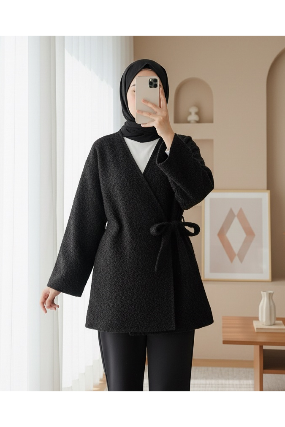 Side  Tie Bearded Kimono -Black