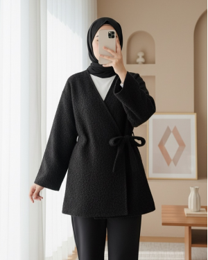 Side  Tie Bearded Kimono -Black