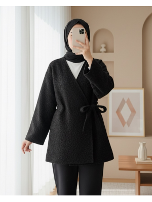 Yandan Bağlamalı Sakallı Kimono  -Siyah