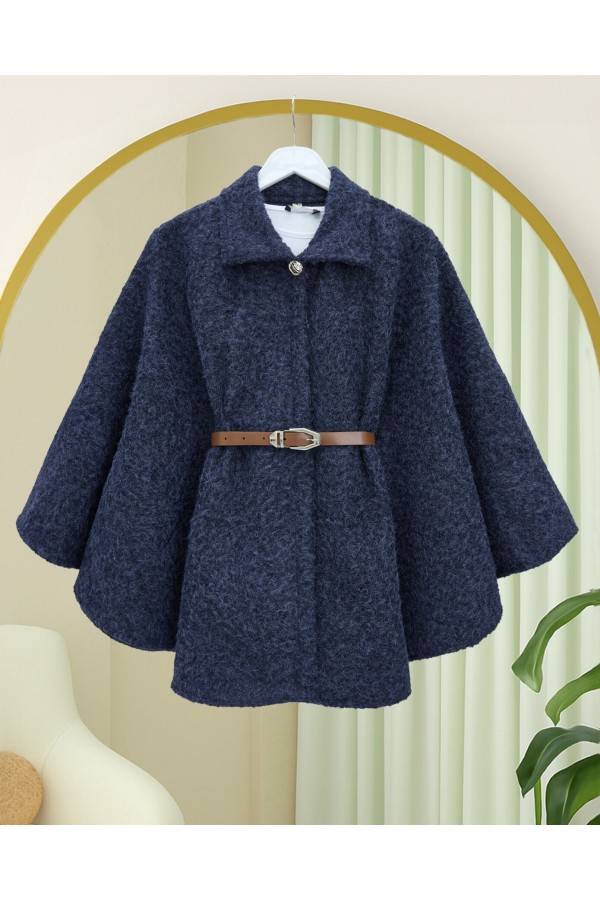 Single Buttoned Belted Bearded Poncho -Navy blue