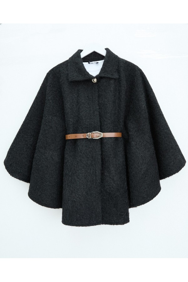 Single Buttoned Belted Bearded Poncho -Black
