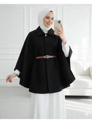 Tek Düğmeli  Beli Kemerli  Sakallı Panço  -Siyah