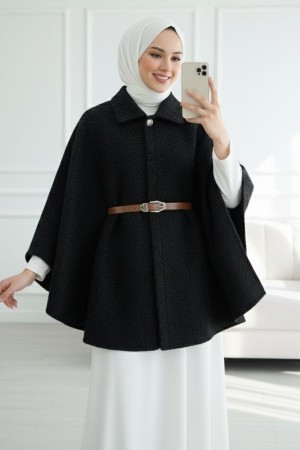 Single Buttoned Belted Bearded Poncho -Black