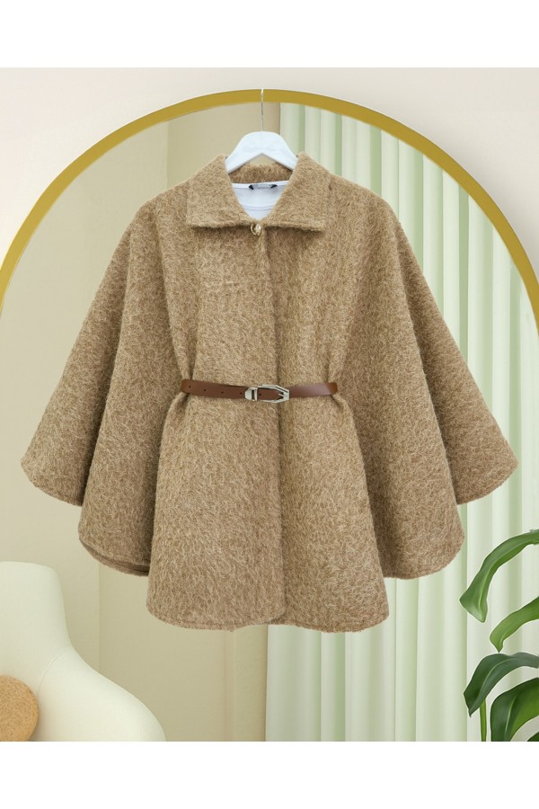 Single Buttoned Belted Bearded Poncho -Mink color