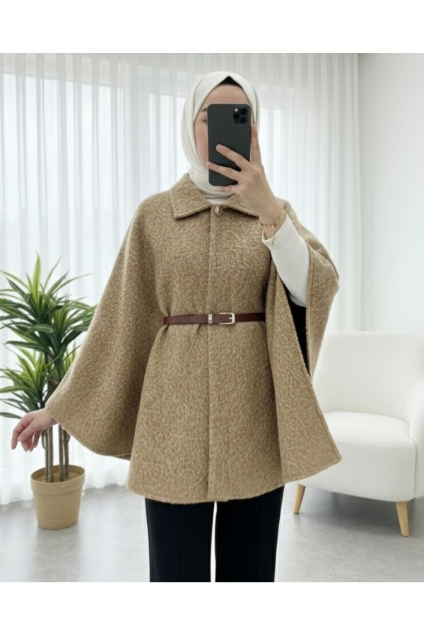 Single Buttoned Belted Bearded Poncho -Mink color