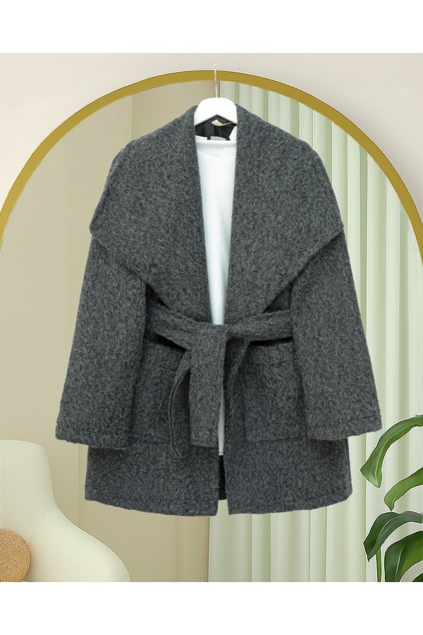 Wide Collar, Waist Belted, Pocketed Cashmere Coat -Anthracite