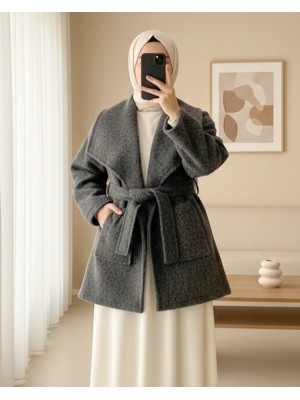 Geniş Yakalı Beli Kemerli Cepli Kaşe Kaban -Antrasit