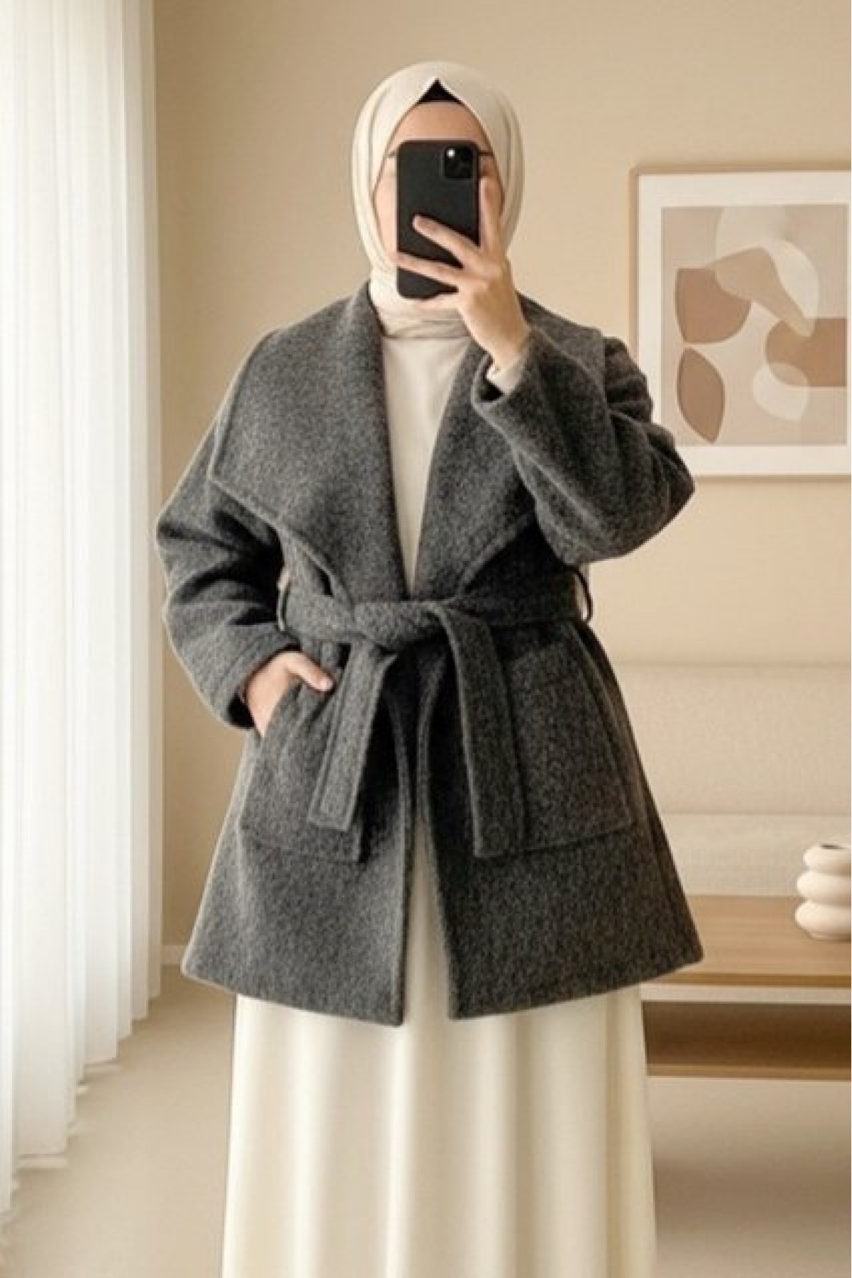 Wide Collar, Waist Belted, Pocketed Cashmere Coat -Anthracite