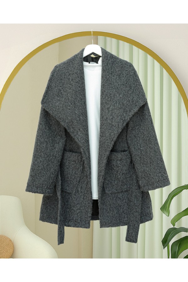 Wide Collar, Waist Belted, Pocketed Cashmere Coat -Anthracite