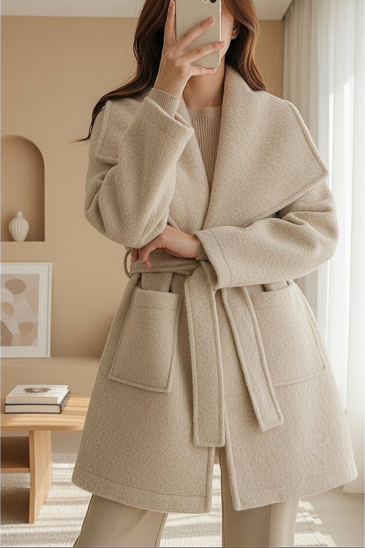 Wide Collar, Waist Belted, Pocketed Cashmere Coat - Beige