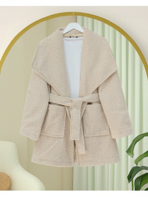 Geniş Yakalı Beli Kemerli Cepli Kaşe Kaban -Bej