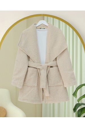Geniş Yakalı Beli Kemerli Cepli Kaşe Kaban -Bej