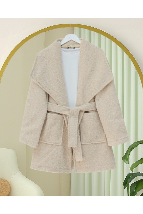 Wide Collar, Waist Belted, Pocketed Cashmere Coat - Beige