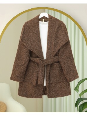 Geniş Yakalı Beli Kemerli Cepli Kaşe Kaban -Kahve