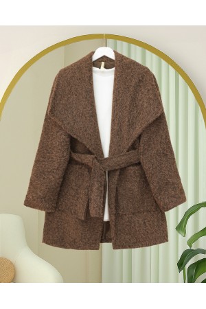 Geniş Yakalı Beli Kemerli Cepli Kaşe Kaban -Kahve