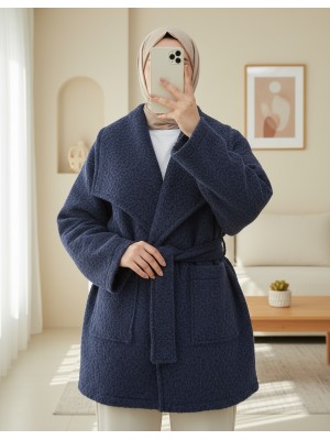 Geniş Yakalı Beli Kemerli Cepli Kaşe Kaban -Laci