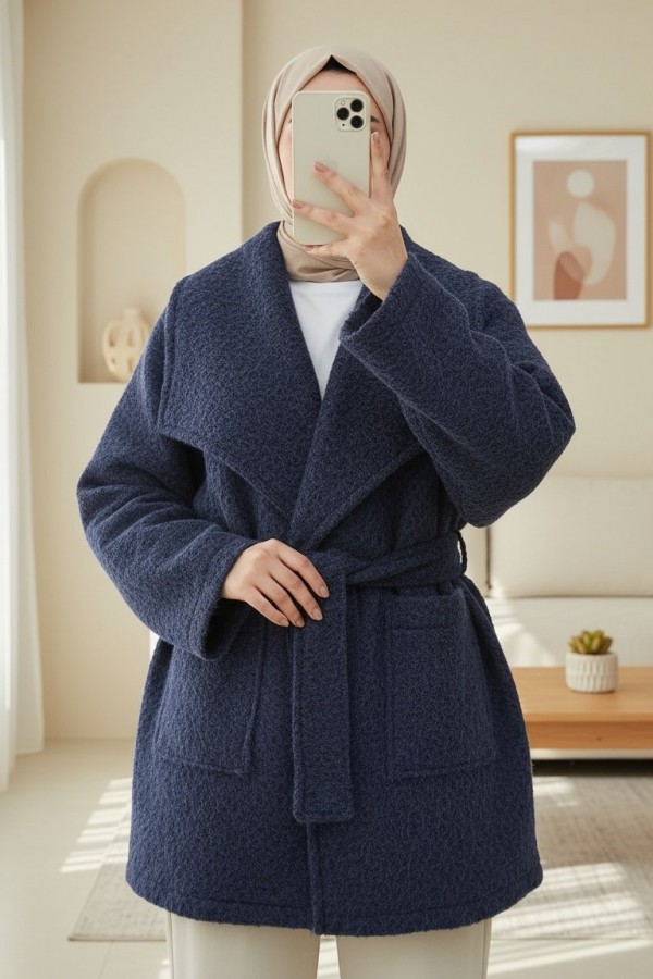 Wide Collar, Waist Belted, Pocketed Cashmere Coat -Navy blue
