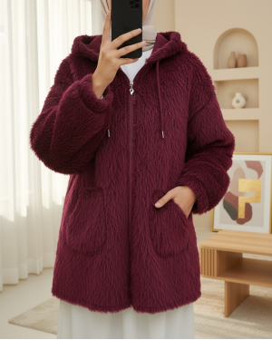 Hooded Pocket Zippered Bearded Coat -Maroon