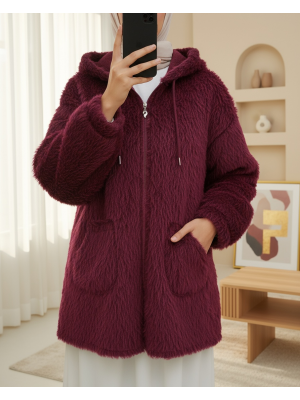 Kapşonlu Cepli Fermuarlı Sakallı Kap -Bordo