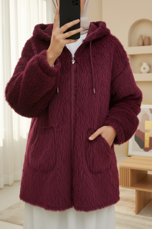 Kapşonlu Cepli Fermuarlı Sakallı Kap -Bordo