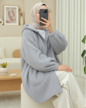 Hooded Pocket Zippered Bearded Coat -Grey