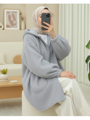 Kapşonlu Cepli Fermuarlı Sakallı Kap -Gri