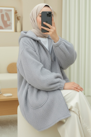 Kapşonlu Cepli Fermuarlı Sakallı Kap -Gri